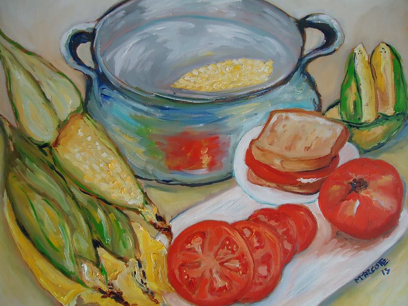 Corn on the Cob and Toasted Tomato Sandwiches for Dinner Oil painting Corn on the Cob and Toasted Tomato Sandwiches for Dinner by Michelle Marcotte