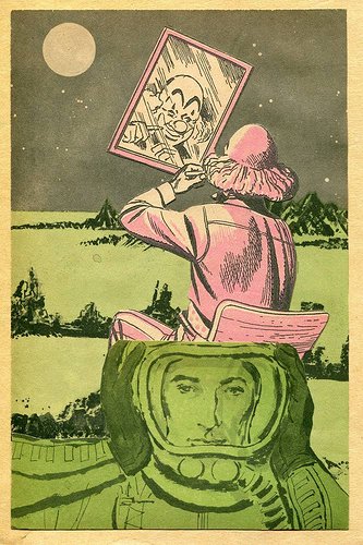 Collage of a clown looking into a mirror and an astronaut