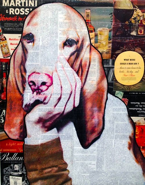 collage of a dog with a human hand