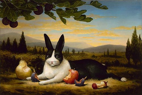 A classically realistic painting of a hare sitting among half-eaten fruits