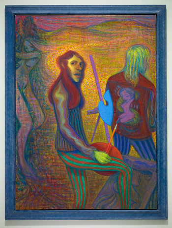 A painting of two male "heavy metal"  figures in various muted tones