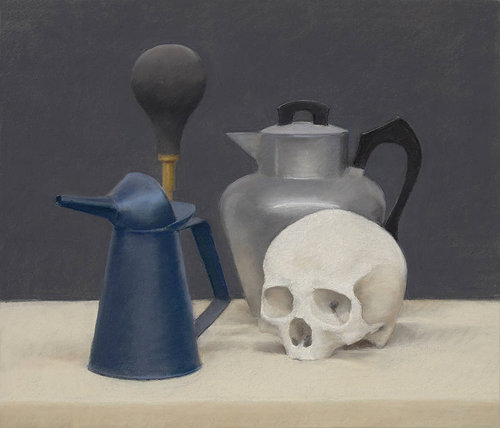 Still-life painting of a skull and tea pot