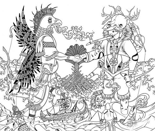 Fantasy drawing of many creators in black and white