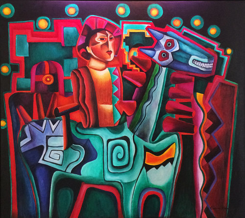 A cubist-like painting of a man on horseback
