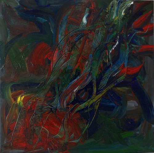 A painting using deep, dark red and black tones