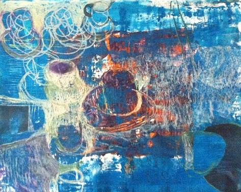 A deep blue mixed media work with a figure of a cup