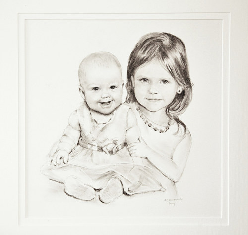 A black and white drawing of two young children