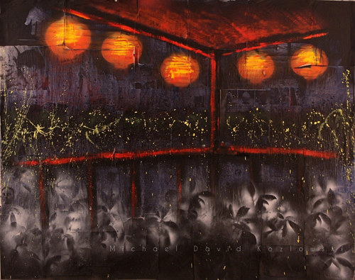 A dark interior scene with red lanterns
