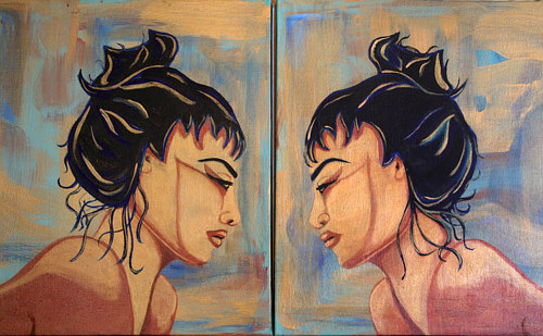 A painting of two identical figures facing one another