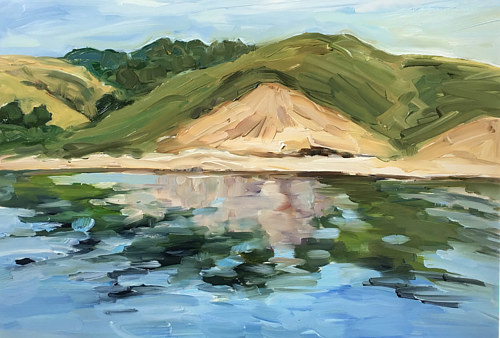 A painting of a small cove with clear water