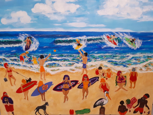 A painting of a beach scene with numerous figures