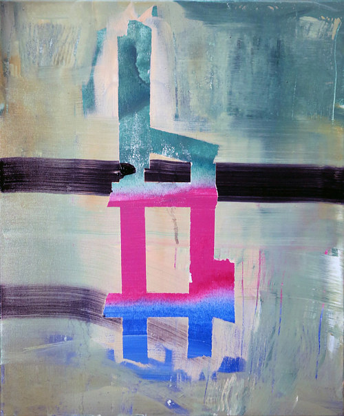 An abstract painting with brightly coloured letterforms