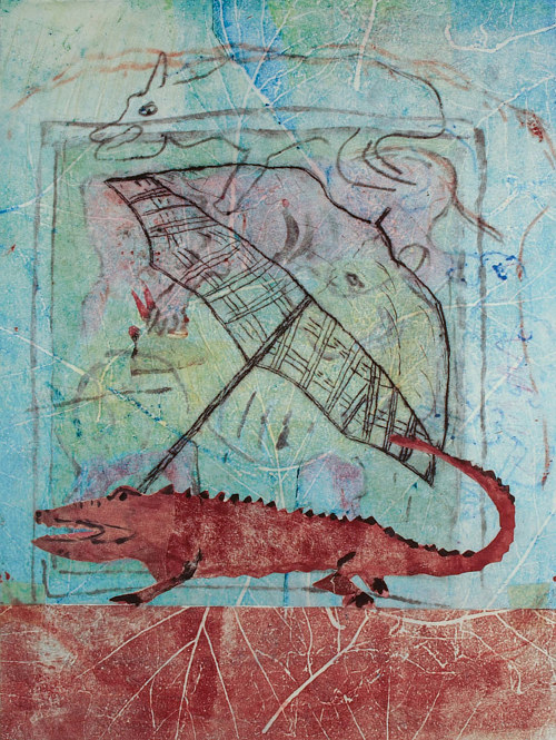 A painting of a crocodile under an umbrella