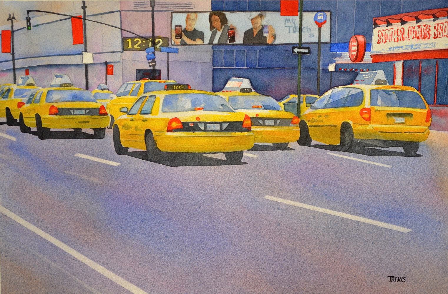 Watercolor 12:12 Taxis by Travis Poelle