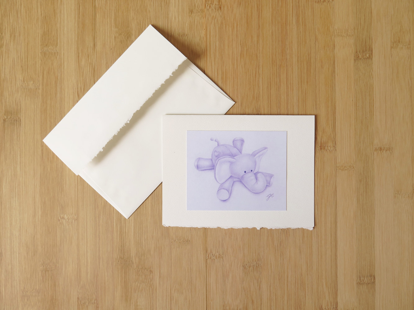 Carte 5 x 7 po, toutou éléphant mauve by Genevieve Desy