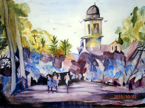 Watercolor Violet Village by Lynne Stewart
