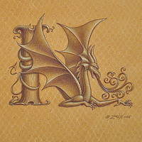 Acrylic painting Dracoserific letter N, Gold on Raw Gold 8x8&quot; square by Sue Ellen Brown