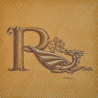 Acrylic painting Dracoserific letter R, Gold on Raw Gold 8x8&quot; square by Sue Ellen Brown