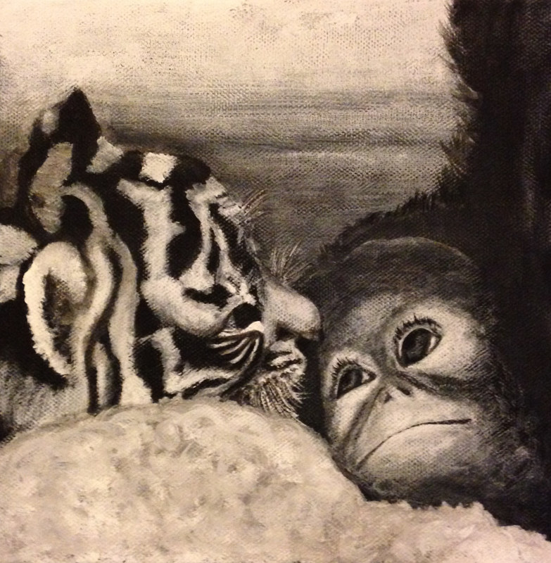 Acrylic painting Baby Orangutan and Tiger by Elizabeth Mercer