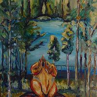 Oil painting Doing Hot Yoga at the Lake June 4 by Michelle Marcotte