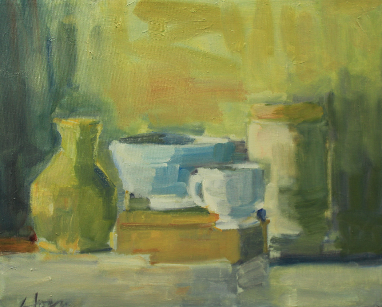 Still Life with small white cup, oil on canvas, 16" x 20" by Susan Horn