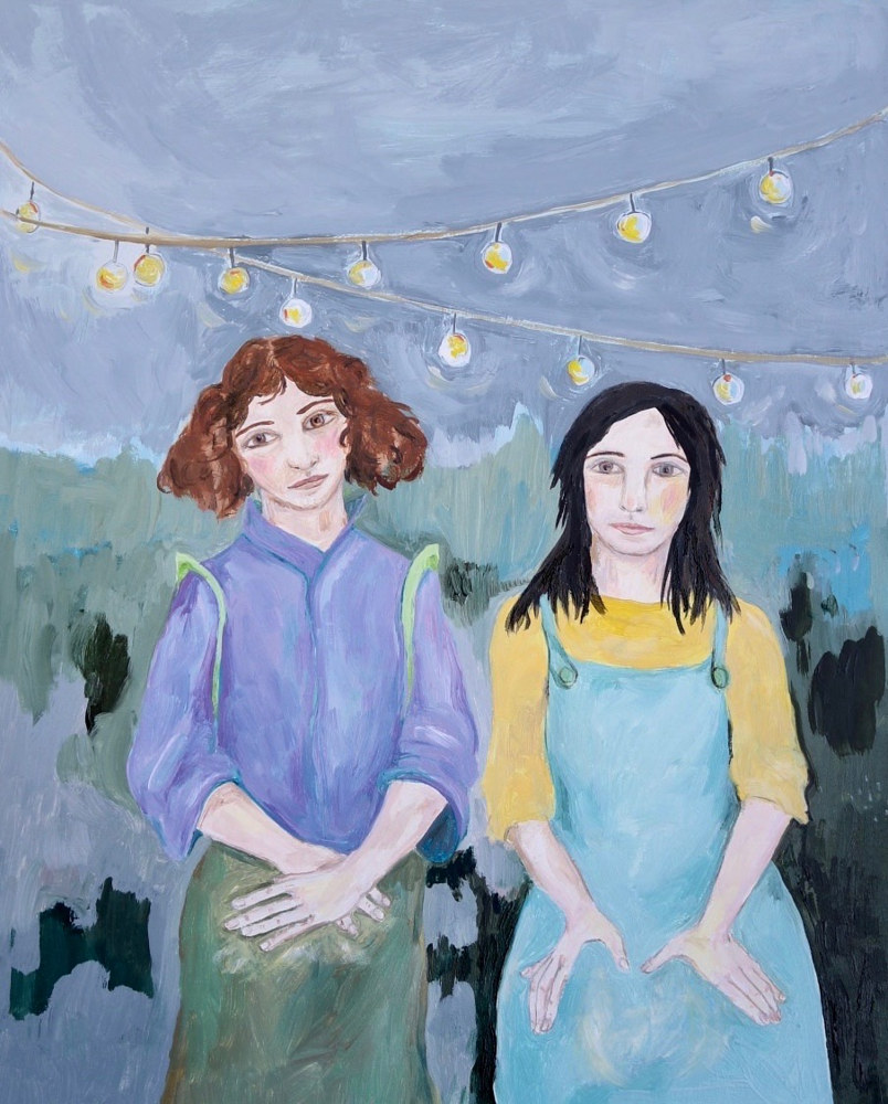 Oil painting  girls by the fire by Katherine Bennett