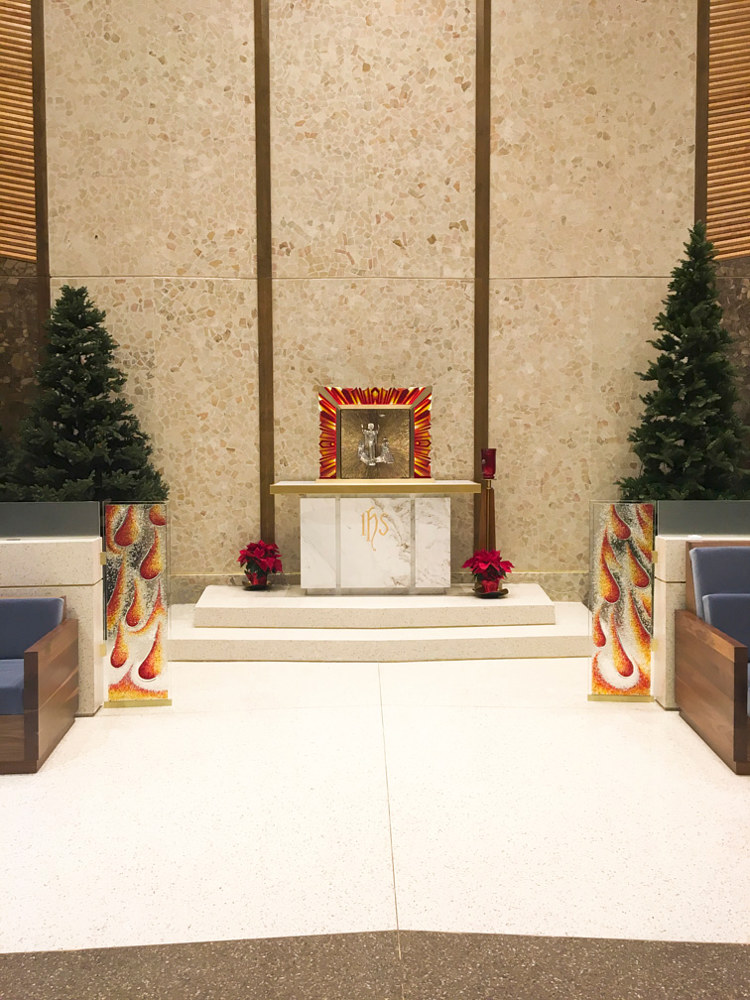 Stage view of Christs Love panels and Tabernacle  by Dan Cummings