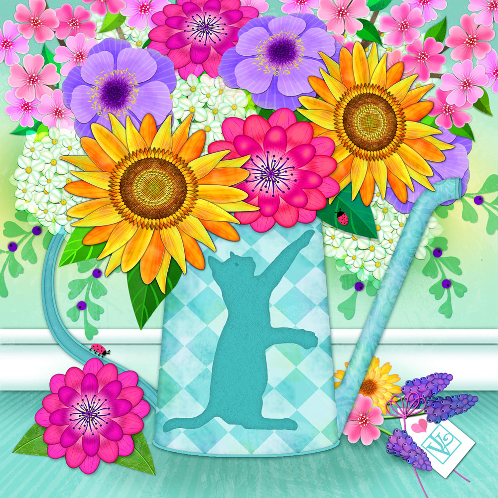 Watering Can with Cat Silhouette with Flowers  by Valerie Lesiak