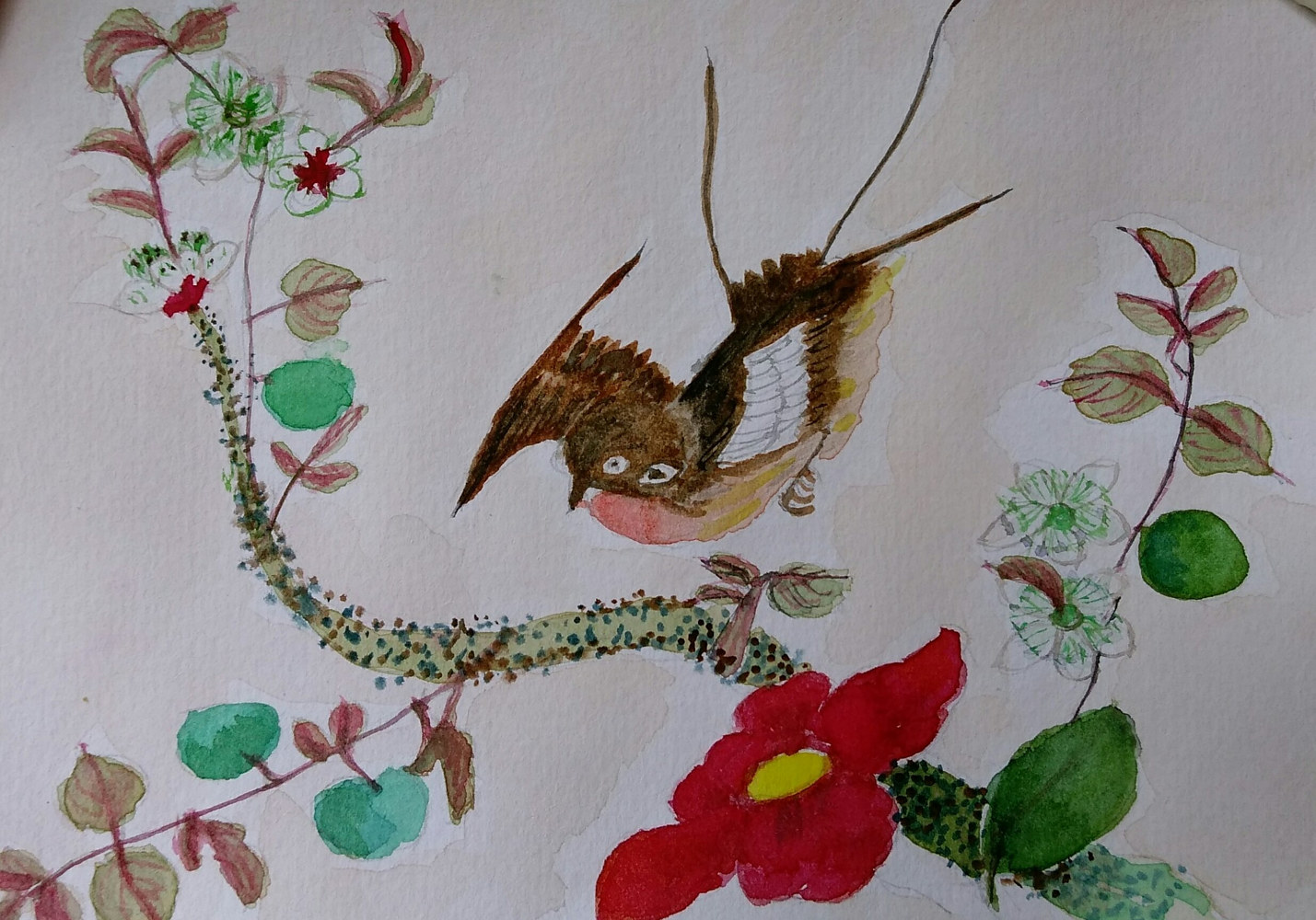 Watercolor Birds and Fruit (study after Wang Gouchen, late 19th C) by Gwenda  Branjerdporn