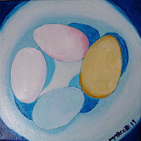 Oil painting The four egg family by Michelle Marcotte