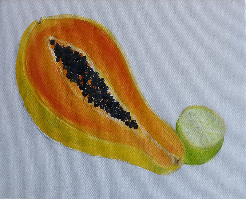 Oil painting papaya and lime Mar 28 by Michelle Marcotte