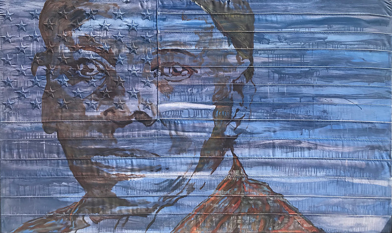 Harriet Tubman.  36 x 60,  Oil on sewn and embroidered canvas. by Edward Miller