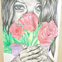 Drawing Lady Behind The Roses by Matt Kantor