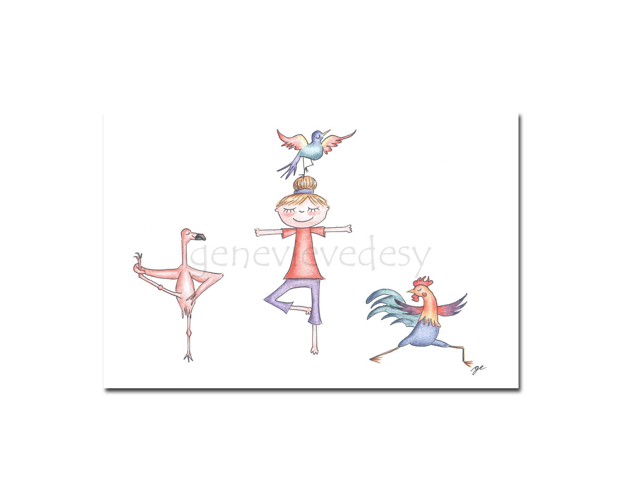 Drawing Reproduction 4x6 yoga aux oiseaux by Genevieve Desy