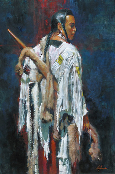 Oil painting "Apsáalooke ll"  (Crow Warrior) by Kim Fujiwara