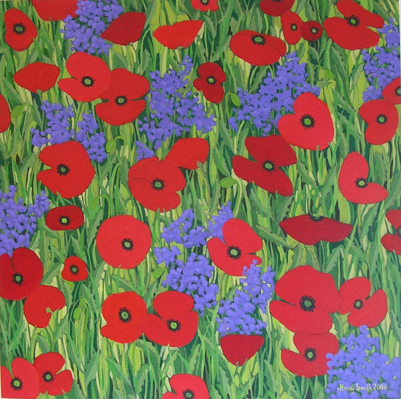 Acrylic painting Purple Stocks and Poppies by Jenny Smith