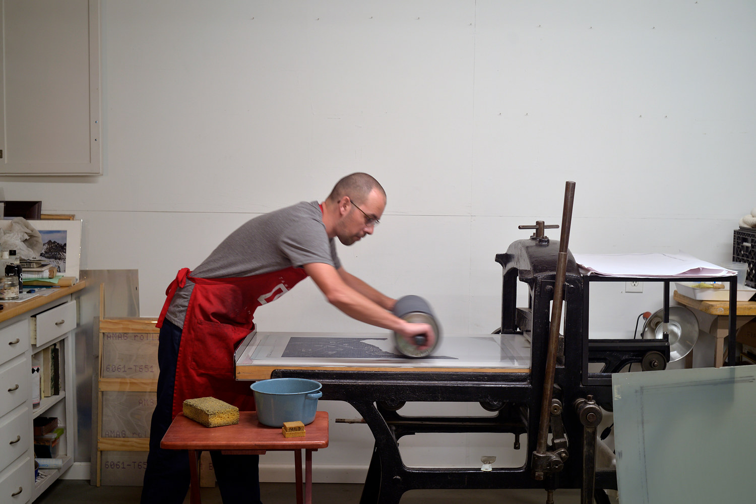 Inking up stone and/or plate on printing press RANGEL STUDIO