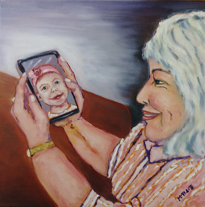 Oil painting Grandmothering in the time of Corona Virus by Michelle Marcotte