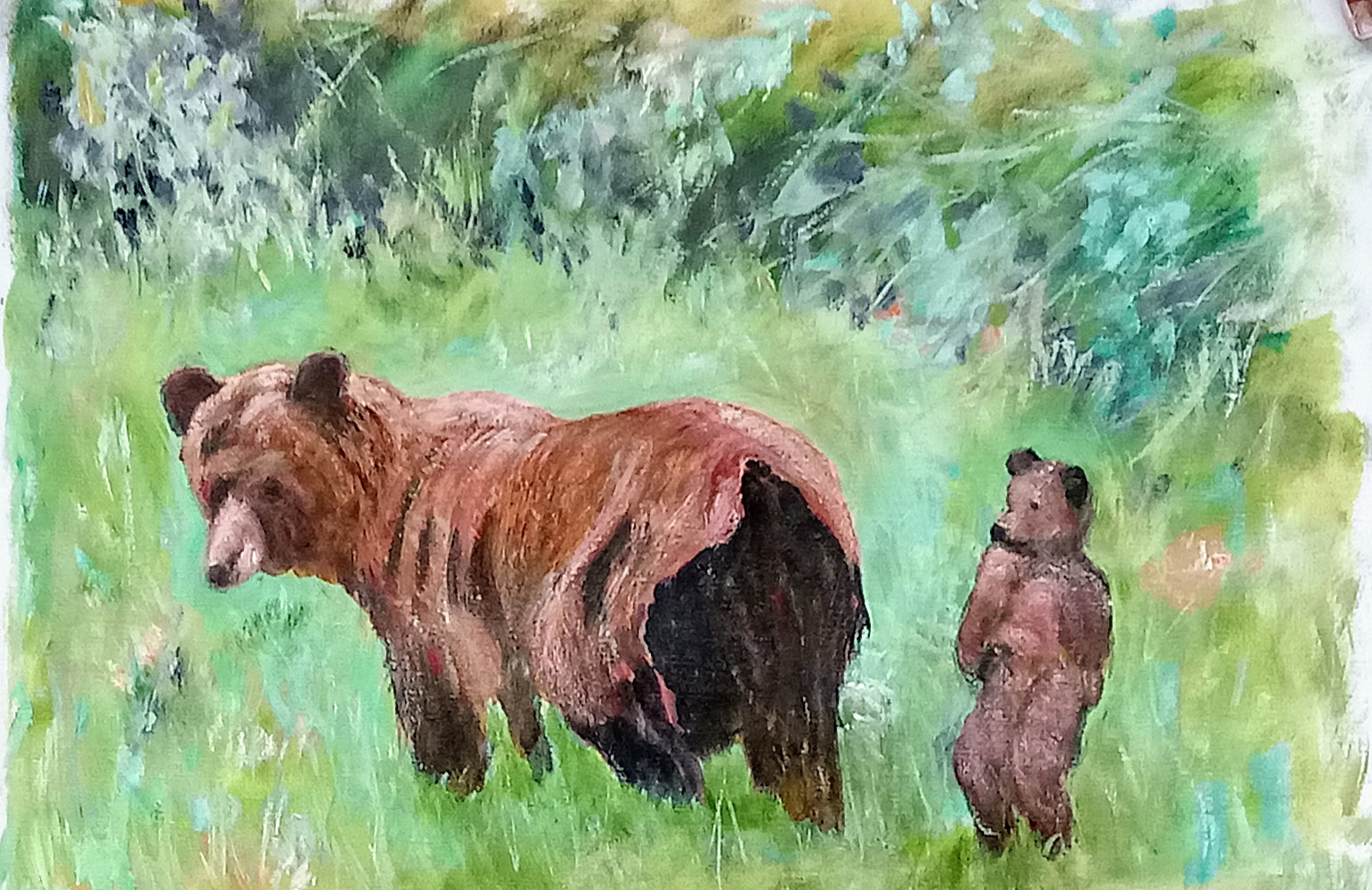 Oil painting Mother Bear with her Cub by Gwenda  Branjerdporn
