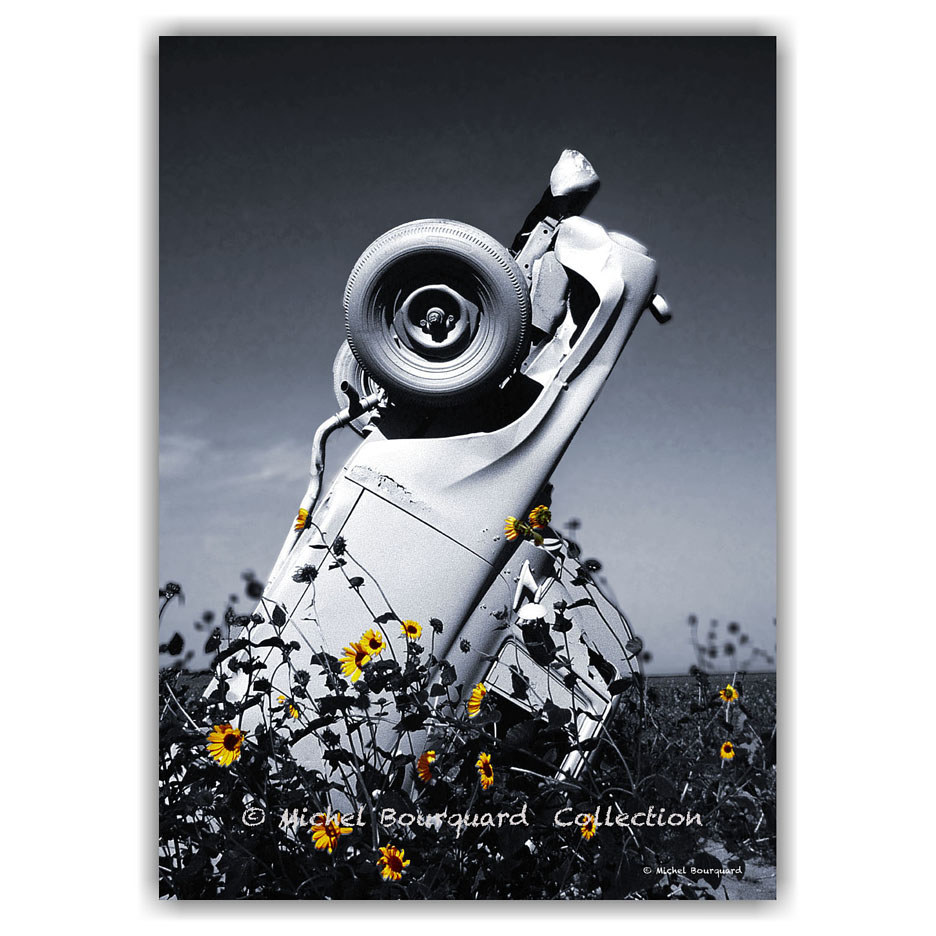 77_CarHenge Nebraska original + yellow flowers  20x28x215 by Michel Bourquard