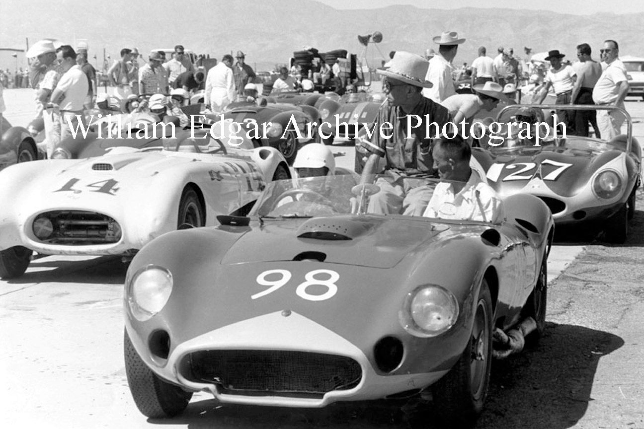 Photography [CS-SELM8] Carroll Shelby in the Edgar team's 450S Maserati with John Edgar (center) and Joe Landaker at Palm Springs - April 12, 1958 by William Edgar