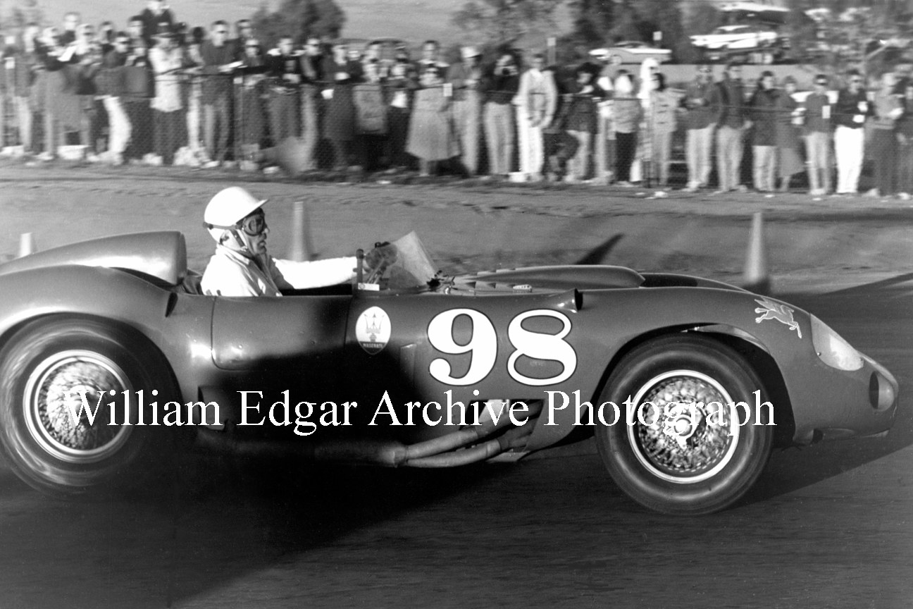 Photography [CS-3RRA7] Carroll Shelby, John Edgar's Maserati 450S, in final lap on his way to win - Riverside Raceway - November 17, 1957 by William Edgar
