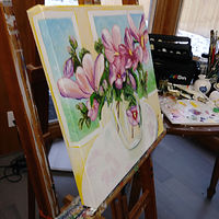 Painting Rose of Sharon in a Glass Vase studio view by Michelle Marcotte