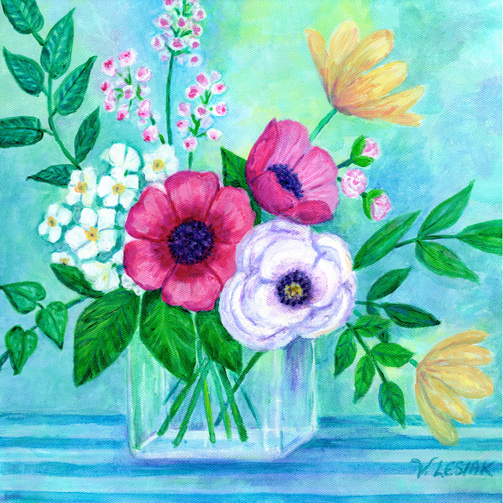 Acrylic painting Natures Promise - mixed florals in vase by Valerie Lesiak