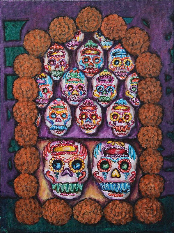 Acrylic painting Sugar Skulls- Calaveras de Azucar by Emily K. Grieves