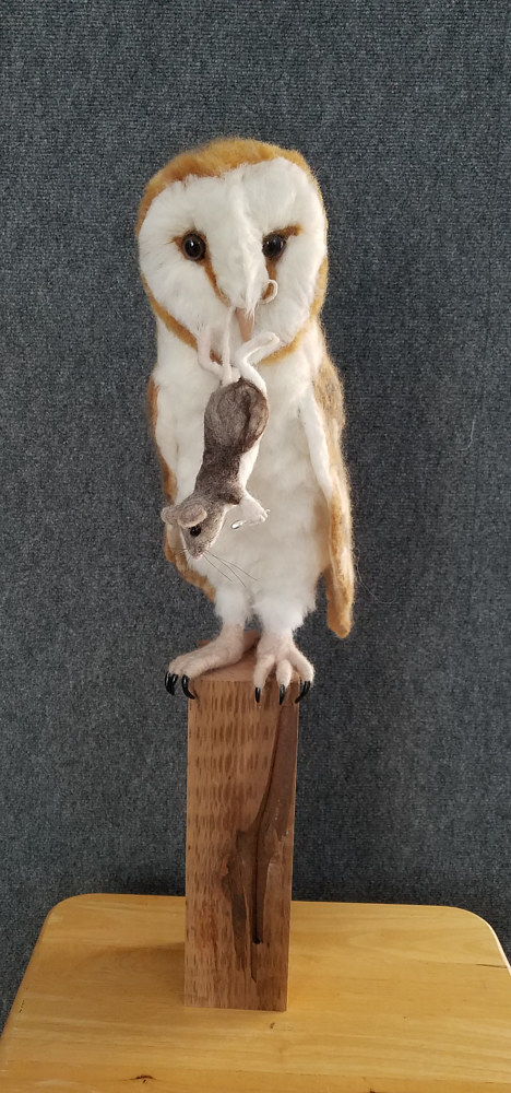 Barn owl with tea party mouse by Valerie Johnson