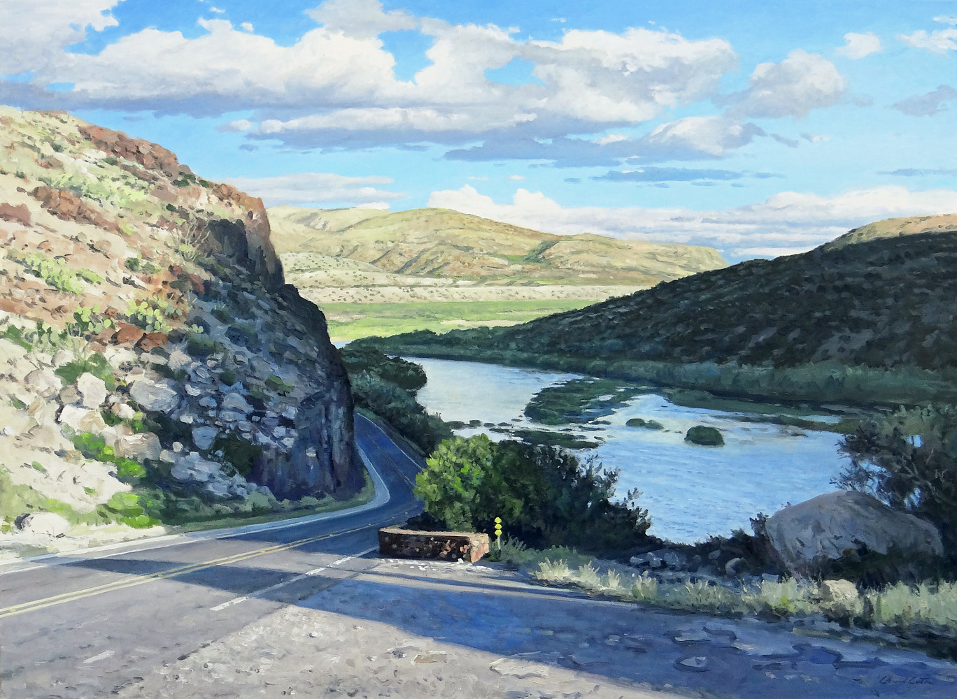 FM 170 pullout River road, 36” x 48”, 2016, oil on canvas by David Caton