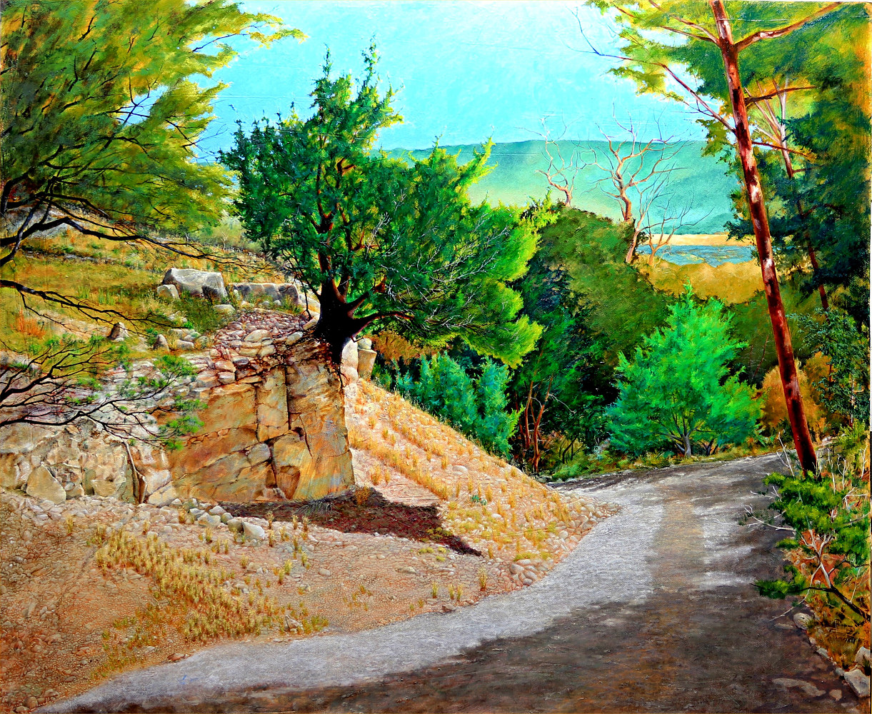 Juniper Over the Two Track, Utopia, Texas oil on masonite 40x48 by Gary Nowlin