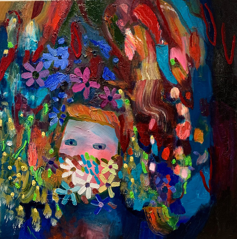 Oil painting Hiding in the Sumach Bush by Julie Gladstone
