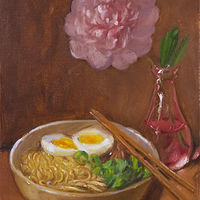 Oil painting &quot;Ramen and Peony&quot; Hand Embellished by Noah Verrier